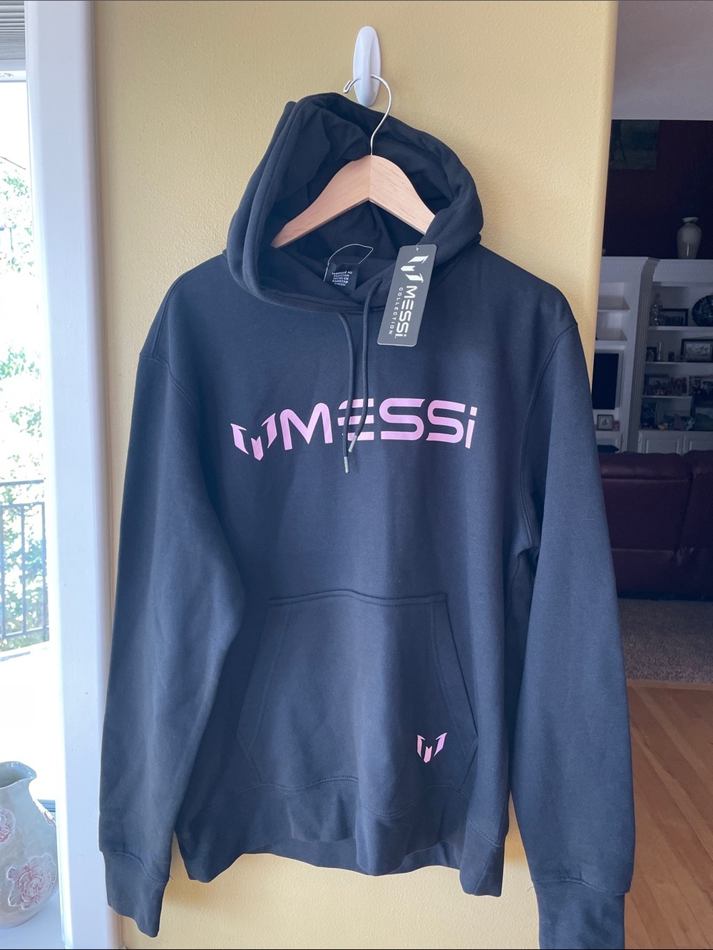 NWT Messi Men's Black Hoodie with Pink Logo